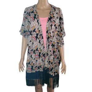 Forever 21 Sz S/M Black Pink Orange Floral Open Front Kimono Cardigan Fringe